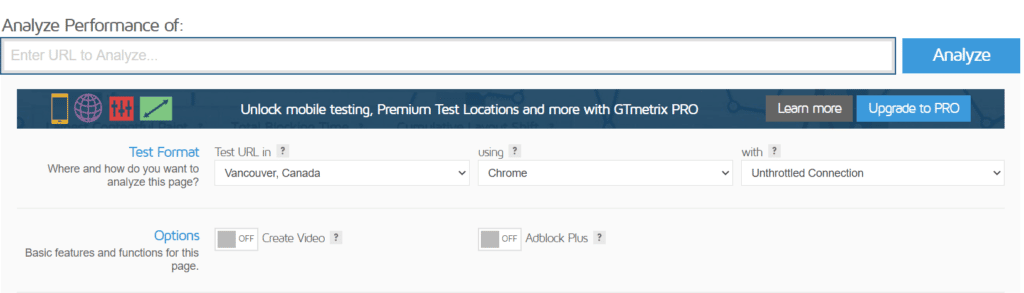 GTMetrix free tool for analyzing page speed
